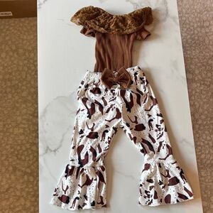 Kids Brown Ruffle Hem Printed Bell Bottoms